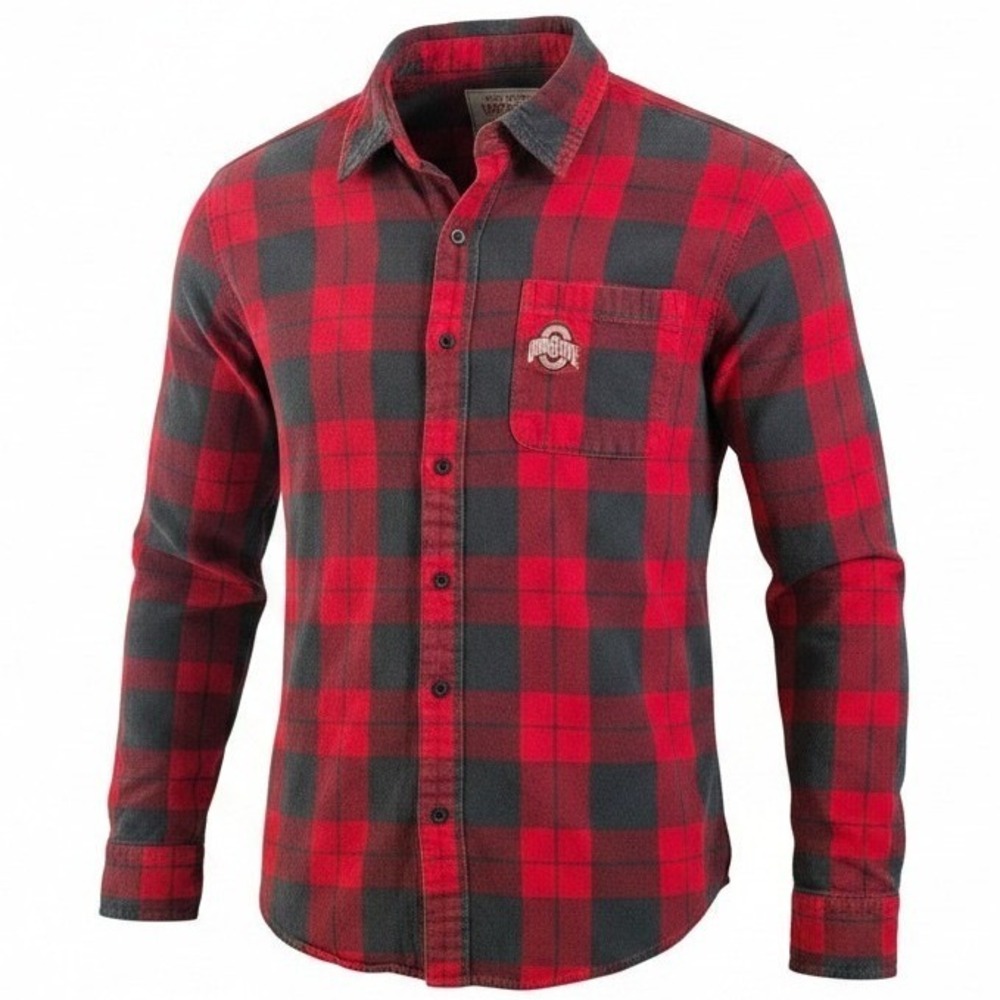 Ohio State Buckeyes Flannel Shirt Mens Large Red Black Plaid Button Up NCAA